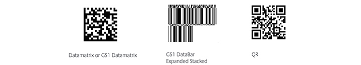 Mostre de coduri 2D marcate TTO: Data Matrix, GS1 DataBar si QR, create in CoLOS