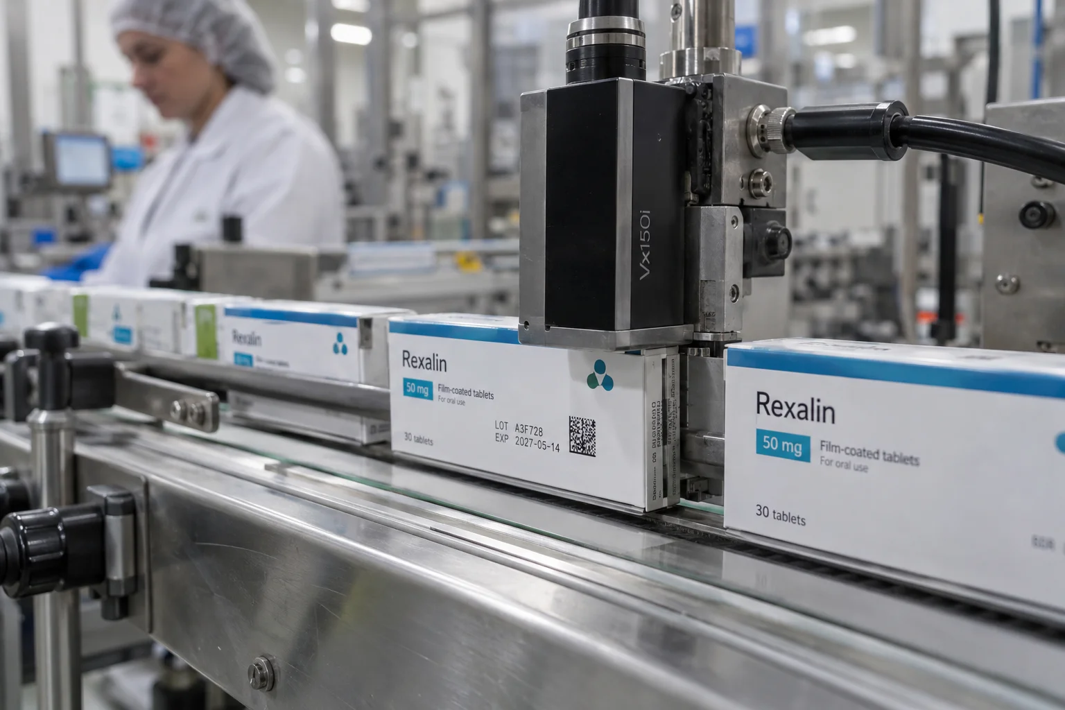 Industrial coder printing a Data Matrix code on medicine cartons on a pharmaceutical packaging line