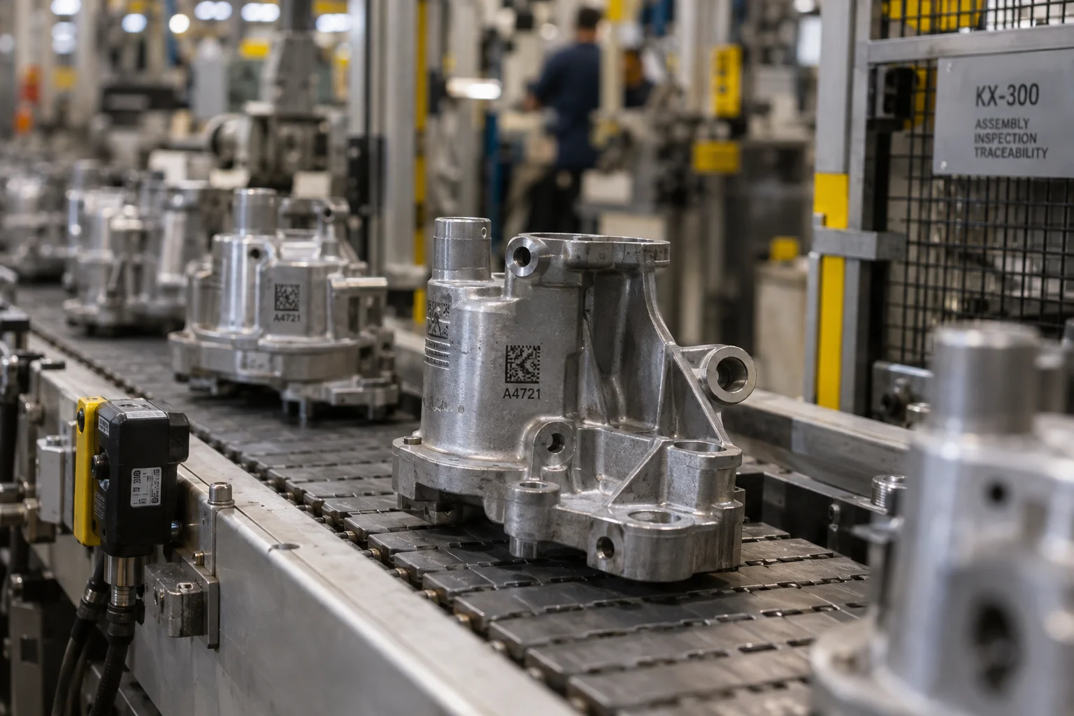 Metal automotive parts with permanently engraved Data Matrix codes on the production line