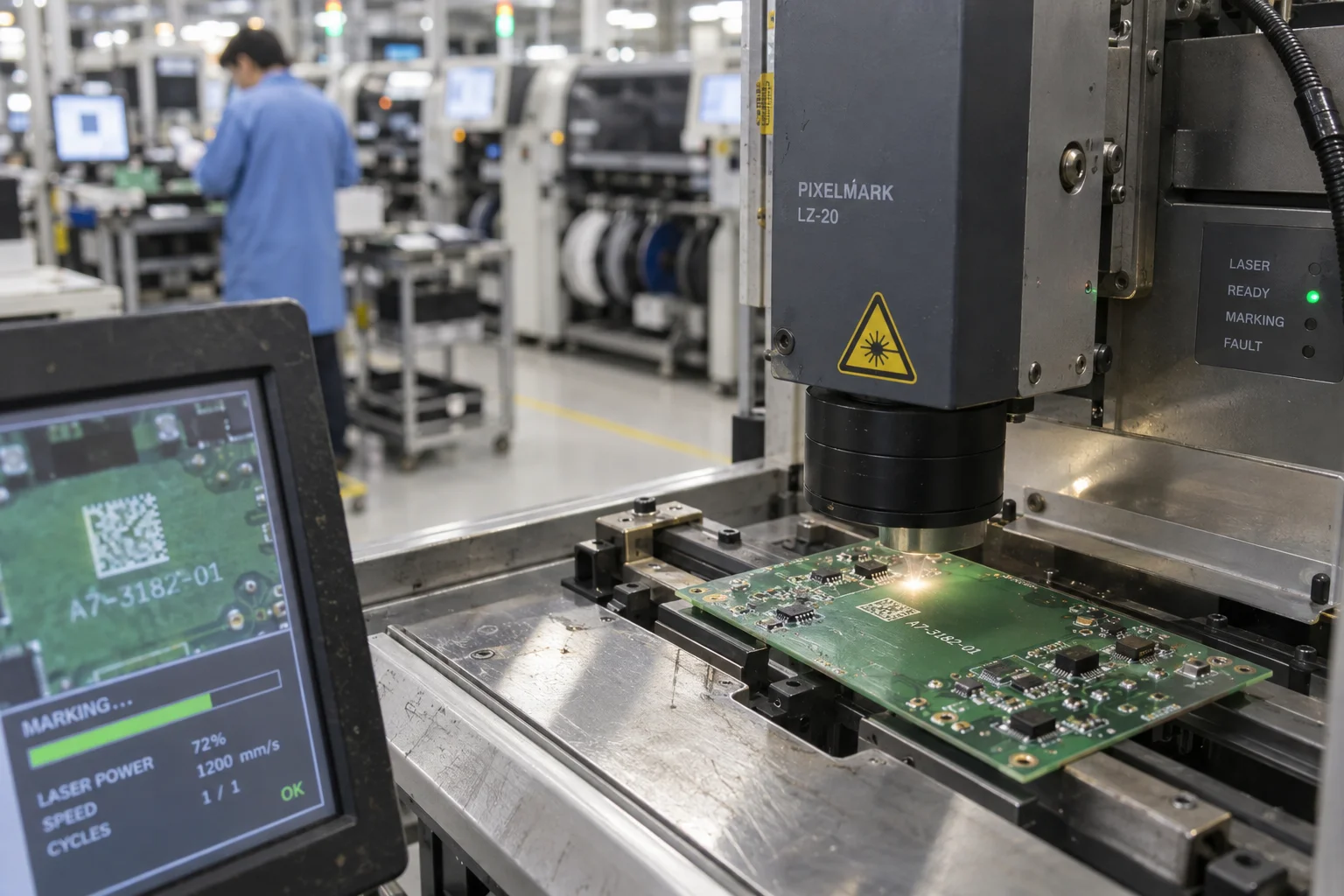 Marcare laser a unui cod Data Matrix pe o placă de circuit pe linia de asamblare electronică
