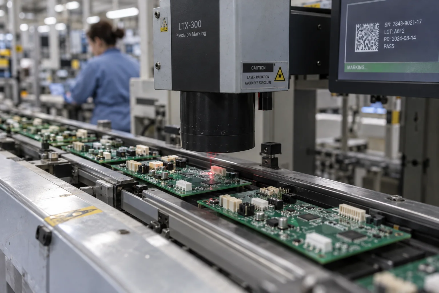 Plăci de circuit și componente electronice marcate cu coduri de trasabilitate pe linia de asamblare