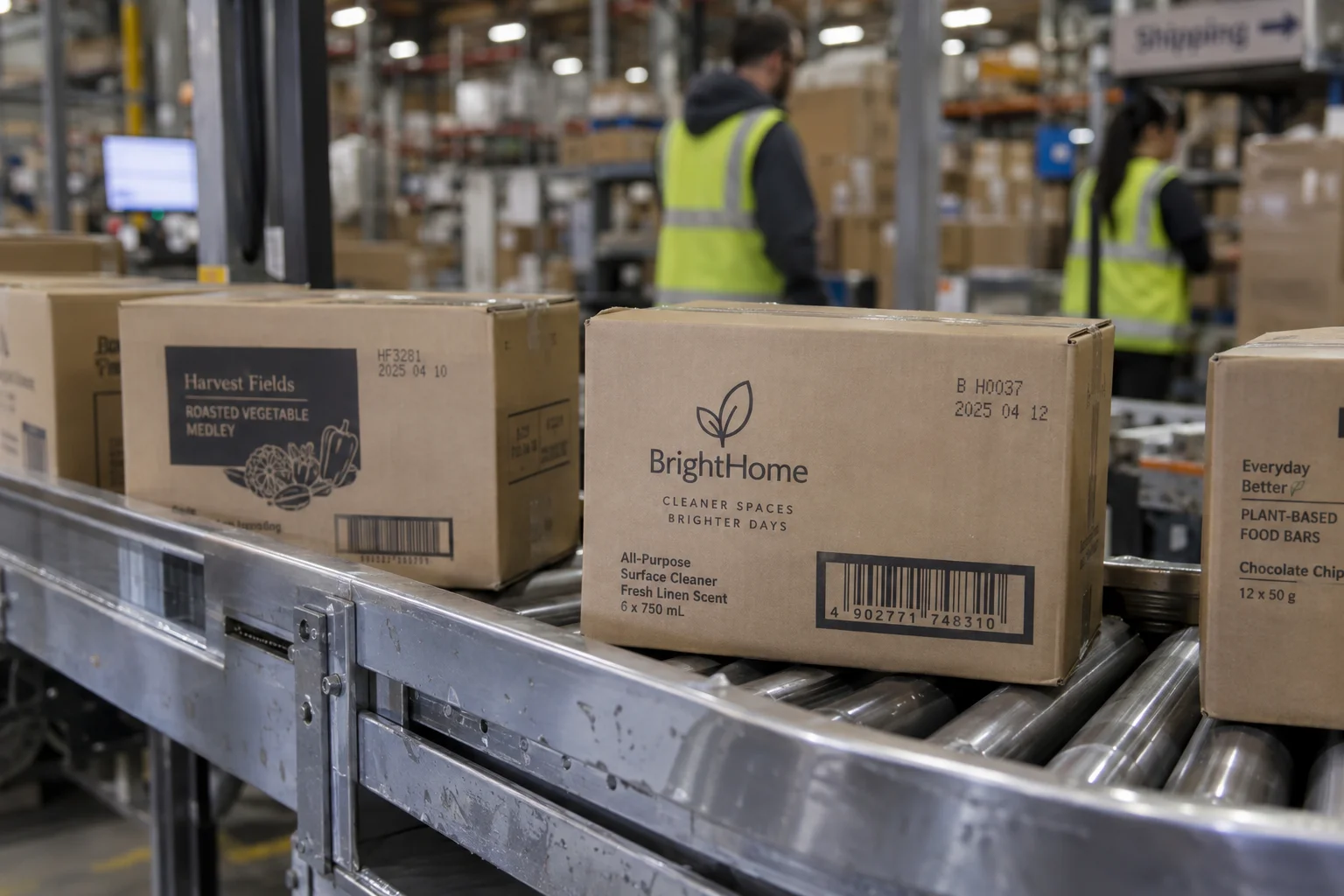 Consumer-goods packaging with printed barcodes and dates on a distribution line