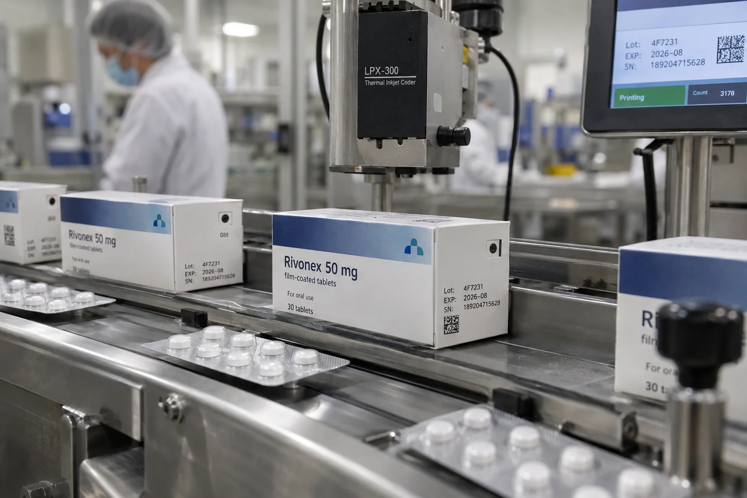 Branded medicine cartons and blister packs being marked on a pharmaceutical packaging line